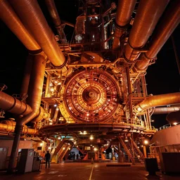 warm colors, high contrast, hyperreal, deep space dock mining platform with massive piping, inspired by nuclear reactor core, oblivion, volumetric lighting