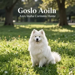 a samoyed dog sitting in the middle of sunny meadow, by Gosho Aoyama