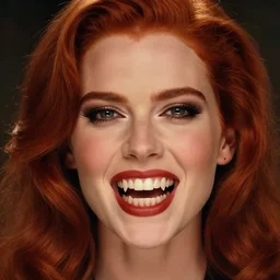 style of swoon : : gorgeous vampire amy adams : : sharp teeth fangs, open mouth sneer : : symmetrical face, symmetrical eyes : : gorgeous red hair : : magic lighting, low spacial lighting : :