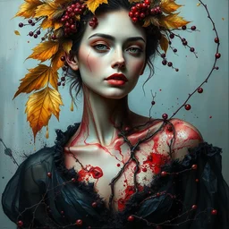 portrait of beautiful female model by irakli nadar with intricate detailed color smashing fluid oil paint and acrylic splash on the body, berries and dried moss and dried autumn leaves headdress, haunting, elite, elegant, melting wax, mycelia, abstract impressionism, ruan jia, dark fantasy, hyper detailed, concept art, by gustav klimt,