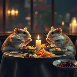 photo of a hamsters on a date, eating various michelin dishes, at night, faded colors, candlelit restaurant table, various poses, soft light, centered, sharp focus, 8 k
