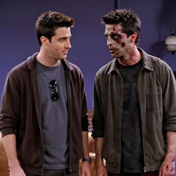 a scene from friends where joey and chandler become zombies, face enhance, realistic, shaun of the dead, izombie, ultra detailed, octane render
