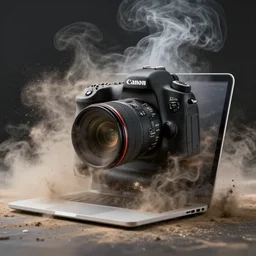 a photo portrait of a macbook disintegration in dust and smoke, cinematic photography, smoke rising like clouds, photorealism, canon 5 d, 5 0 mm lens, super resolution, cgi, volumetric lighting & shadows, hyper detailed, 8 k, unreal engine,