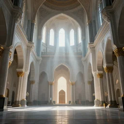 Futuristic matte painting of inside a Mosque, volumetric light scattering, highly detailed, digital art, Andreas Rocha, Greg Rutkowski, Darek Zabrocki, ArtStation, CGSociety, Unreal Engine, 4K, 8K