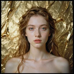 ((((Hyper realistic portrait of a surreal goddess)))), ((gold fluid in the background)), Hyper realistic film photography by Emil Melmoth and Pete Morbacher , Zeiss 50mm f2.8, Hasselblad, insanely detailed, sharp focus