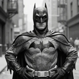 old black and white photo portrait, 1 9 2 5, close - up portrait depicting batman standing proudly with arms on hips in alley of new york city, rule of thirds, historical record