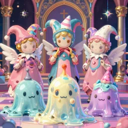 melting anorexic pastel cute slimy group of slime angel jesters, religious vaporwave decora inspired illustrations