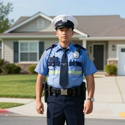 a 5 0's police officer in front of the house, residential neighborhood