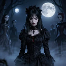 full shot portrait of angry darkness Clara Morgane as a cute anime girl at moonlight, gothic wearing, inspired by Tim Burton, Norihiro Yagi, Marc Simonetti, Amano, Andrei Riabovitchev, detailed, unreal engine 4k volumetric light, fog,