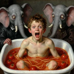 a boy like the spaghetti monster, eraserhead and elephant man sitting in a tub full of tomato sauce, looking straight into camera, screaming in desperation, by giuseppe arcimboldo and ambrosius benson, renaissance, fruit, intricate and intense oil paint, a touch of beksinski and hr giger and edward munch, realistic, rules of composition, headspace