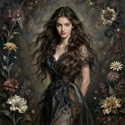 facial portrait of a young pretty woman in flowing dress, arrogant, long fine flowing hair, delicate, looking at camera, slightly awkward smile, realistic face, hands behind back, stylish, elegant, grimdark fantasy, flowers, extremely detailed painting inspired by Gerald Brom and Ernst Haeckel and Kaluta, studio lighting