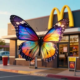 a colorful butterfly outside at a mcdonald's restaurant, golden hour, cool, colorful, chroma, everdimensional, fast food