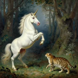 a wild unicorn rears and points its hooves at an approaching wildcat, enchanted forest, painting by gaston bussiere, craig mullins, j. c. leyendecker