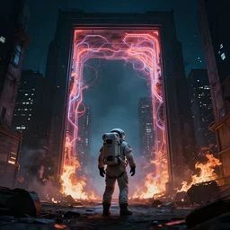 an astronaut exploring a burning city at night, giant doorway with neon fractal light, dramatic, moody, 4 k, trending on artstation, photorealistic, volumetric lighting, rule oft thirds, award winning, octane render