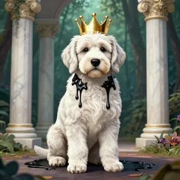 light coated bernedoodle puppy with a gold crown by alex grey + orchids dripping black iridescent liquid, dramatic, confident, serene forest setting, 3 5 mm, marble columns in background, transcendent, vibrant color, ornamented, clean linework, finely detailed, 4 k, rule of thirds, trending on artstation, photorealistic, volumetric lighting, octane render