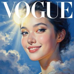 sci - fi, morning, smiling fashion model face, sun, cinematic, clouds, sun rays, vogue cover style, poster art, blue mood, realistic painting, intricate oil painting, high detail illustration, manga and anime 1 9 9 9
