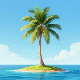 lone palm tree on a lonely island in the sea, concept art, illustrated, highly detailed, high quality, bright colors, optimistic,