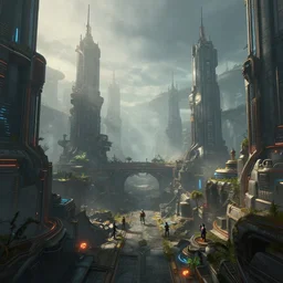 photorealistic wide angle view of piltover underground cyberpunk city, league of legends arcane, highly detailed, digital matte painting, artstation, misty, octane render, 8 k, by federico pelat and liam wong and jonas roscinas