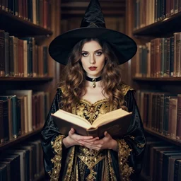 lomography, full body portrait photo of women like reol holding dressed like witches in a library, open books, wearing an ornate robe, choker, and witch hat, moody, realistic, dark, skin tinted a warm tone, light blue filter, hdr, rounded eyes, detailed facial features, gold black