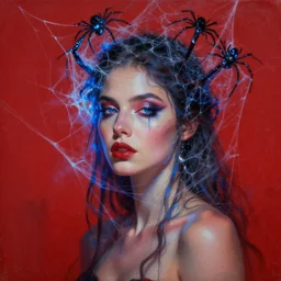a red oil painting hyperrealism of a beautiful woman, cobwebs, spider makeup, cobwev headdress, 8 k resolution, octane render, trending on artstation, by gediminas pranckevicius, volumetric light 2 blue fractal thunder glow by dan mumford, anaglyph effect, laurie lipton
