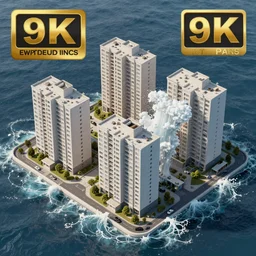 isometric view of residential apartments being swept away by a tsunami, drone shot, hyper realistic aerial photography, 8k award-winning image