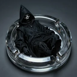 a grim reaper lying inside an ashtray, very detailed, perfect composition, perfect lighting, 4 k, artgerm