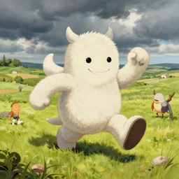 greg manchess painting of a friendly plush monster, countryside, fantasy character portrait, dynamic pose, above view, sunny day, thunder clouds in the sky, artwork by jeremy lipkin and giuseppe dangelico pino and michael garmash and rob rey, very coherent asymmetrical artwork, sharp edges, perfect face, simple form, wacky, 1 0 0 mm