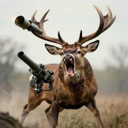 a rocket launcher explosive deer military animal beast, huge, powerful, scary, anger, rage, canon eos c 3 0 0, ƒ 1. 8, 3 5 mm