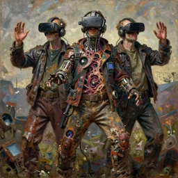 old junky men with cybertronic gadgets and vr helmet, durty colours, rotten textures, rusty shapes, acid screen embed in flesh, tim hildebrandt, wayne barlowe, bruce pennington, donato giancola, larry elmore, oil on canvas, masterpiece, trending on artstation, featured on pixiv, cinematic composition, dramatic pose, beautiful lighting, sharp, details, hyper - detailed, hd, hdr, 4 k, 8 k