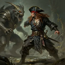 an evil pirate from elden ring, fighting a monster, movement, deep focus, d & d, fantasy, intricate, elegant, highly detailed, digital painting, artstation, concept art, matte, sharp focus, illustration, hearthstone, art by artgerm and greg rutkowski and alphonse mucha
