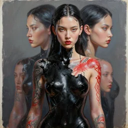 3 d, close - up, liquid black oil, fashion model with red tattoo, poster art, high detail, intricate oil painting, multiple exposure, hyperrealism, 3 d, by tooth wu and wlop and beeple and greg rutkowski