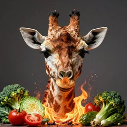 a realistic depiction of a giraffe's face created from cabbage, tomato, broccoli and other vegetables. the giraffe is burning and on fire