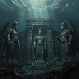 low ultrawide shot, dark, underwater statues, submerged pre - incan temple with carvings, abyss, stylized, anime style mixed with fujifilm, detailed gouache paintings, crepuscular rays, dark, murky, foggy, atmospheric, nicola samori, albert bierstadt, frederic edwin church, beksinski, wayne barlowe's inferno