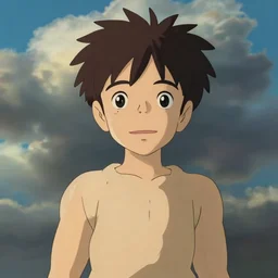 Boy without smile, dramatic clouds, made by Studio Ghibli, Accent lighting, front lit, highly detailed art, beautiful scene, sharp focus, smooth, 8k