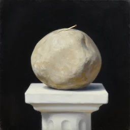 a beige boulder with a matchstick on top of a white plinth, oil painting, on a black background