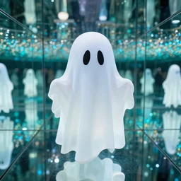 an adorable ghost in an infinity mirror room extreme detail artstation