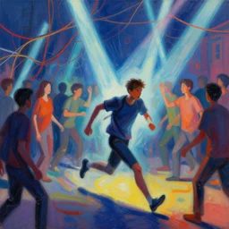 guy running in a crowd of people. art style based on beams of light and wires. very colorful. panic attak. dynamic. social anxiety. painting