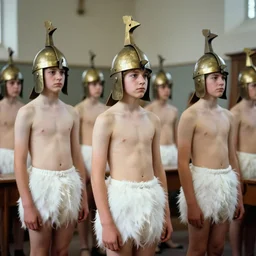 realistic documentary photo of a a group of students wearing white fluffy feather shorts, very brass wooden bird helmets, standing in a medieval classroom 1 9 9 0, life magazine reportage photo, neutral colors, neutral lighting
