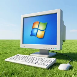 photorealistic picture of a giant computer in the grass, science fiction, windows xp, 4 k