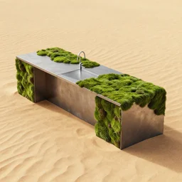 furniture kitchen island made of rectangle tetris, made of steel and moss, octane render, trending on artstation, on hard desert sand floor