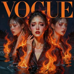 3 d, crying fashion model, flame, liquid water, night, vogue cover style, poster art, high detail, intricate oil painting, multiple exposure, hell mood, hyperrealism, 3 d, by tooth wu and wlop and beeple and greg rutkowski