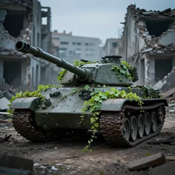 vine covered battle tank in a destroyed city, moody lighting, 8 k, shallow depth of field, cinematic lighting,