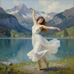 a painting of a young woman dancing in front of a beautiful lake in switzerland, mountains on the background, high quality oil painting artstyle, feminine, delicate, hyperdetailed, in the style of artgerm, deviantart, figurative art, deviantart, ilya kuvshinov, lovecraftian