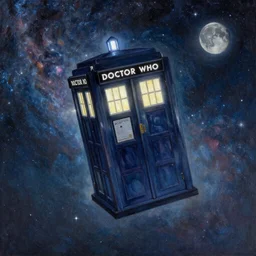 A beautiful painting of a TARDIS from Doctor Who flying in milky way with moon by Ivan Konstantinovich Aivazovsky, Trending on artstation