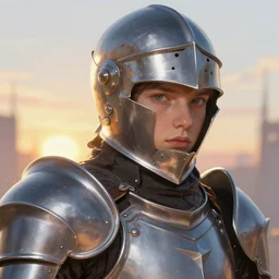 macro closeup headshot of a boy wearing full plate armor, d & d, fantasy, rim light, volumetric lighting, digital painting, artstation, concept art, smooth, sharp focus, illustration, art by arney freytag, glamour pose, greg rutkowski, maxfield parrish and alphonse mucha, sunrise, new art nouveau, soft ambient lighting, particle effects