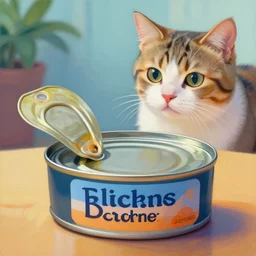 a can of tuna with a cat in the background staring at it, painting, evocative, brilliant, trending on artstation