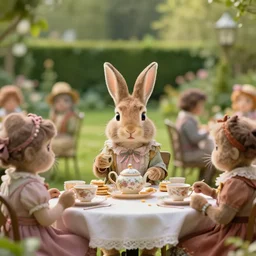 film still from the movie chappie outdoor park plants garden scene bokeh depth of field several figures sitting down at a table having a delicious grand victorian tea party crumpets furry anthro anthropomorphic stylized rabbit bunny
