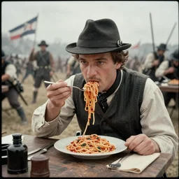 eating spaghetti on the battlefield, american civil war, tintype sigma 5 0 mm, cinematic lighting, photography, wes anderson, kodachrome