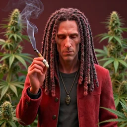 spock with dreadlocks smoking a joint surrounded by marihuana plants, soft texture, very realistic 3 d render, soft lights, 4 k, high detailed photography red, 5 0 mm lens, rich colors, smooth gradients, depth of field, cinematic, hyper realism, high detail, octane render, unreal engine, 8 k, vibrant colors