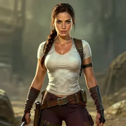 denise richards as lara croft, fantasy art, photorealistic, simon bisley